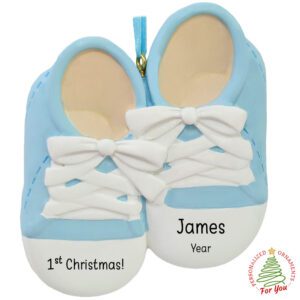 Personalized BLUE Baby Shoes Ornament – Custom New Baby BOY Keepsake
