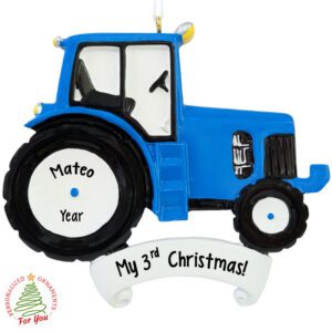 Personalized Blue Tractor Ornament – Child’s 3rd Christmas Keepsake with Custom Name