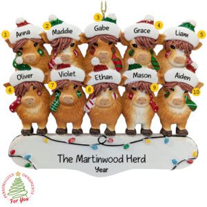 Highland Cow Family of Ten Christmas Ornament – Hand Personalized Resin Keepsake