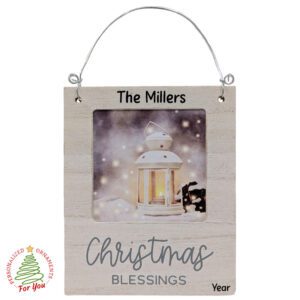 Christmas Blessings Rustic Photo Frame Ornament – Personalized Wooden Keepsake