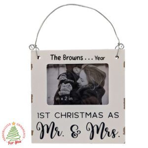 1st Christmas as Mr. & Mrs. Rustic Photo Frame Ornament – Personalized Wooden Newlywed Keepsake