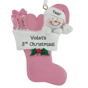 Personalized Child's 3rd Christmas Snowman In Stocking Ornament PINK