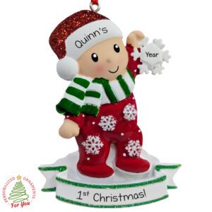 Personalized Child's First Christmas Holding Snowflake Ornament RED And GREEN
