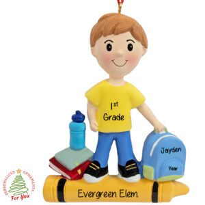 Elementary School BOY With Crayon And Backpack Personalized Ornament