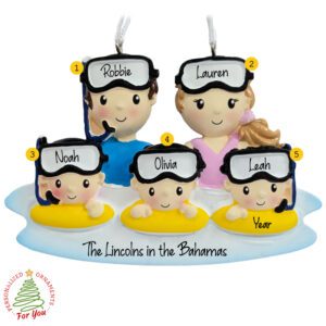 Personalized Family Of 5 Snorkeling Together Vacation Keepsake Ornament