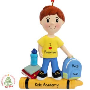 Little BOY Loves School Backpack And Crayon Ornament RED HAIR