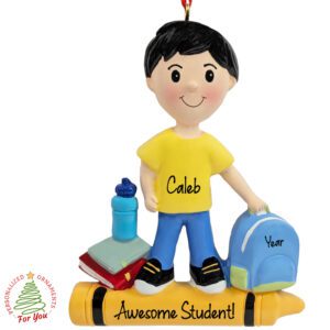 Little BOY Loves School Backpack And Crayon Ornament BLACK HAIR