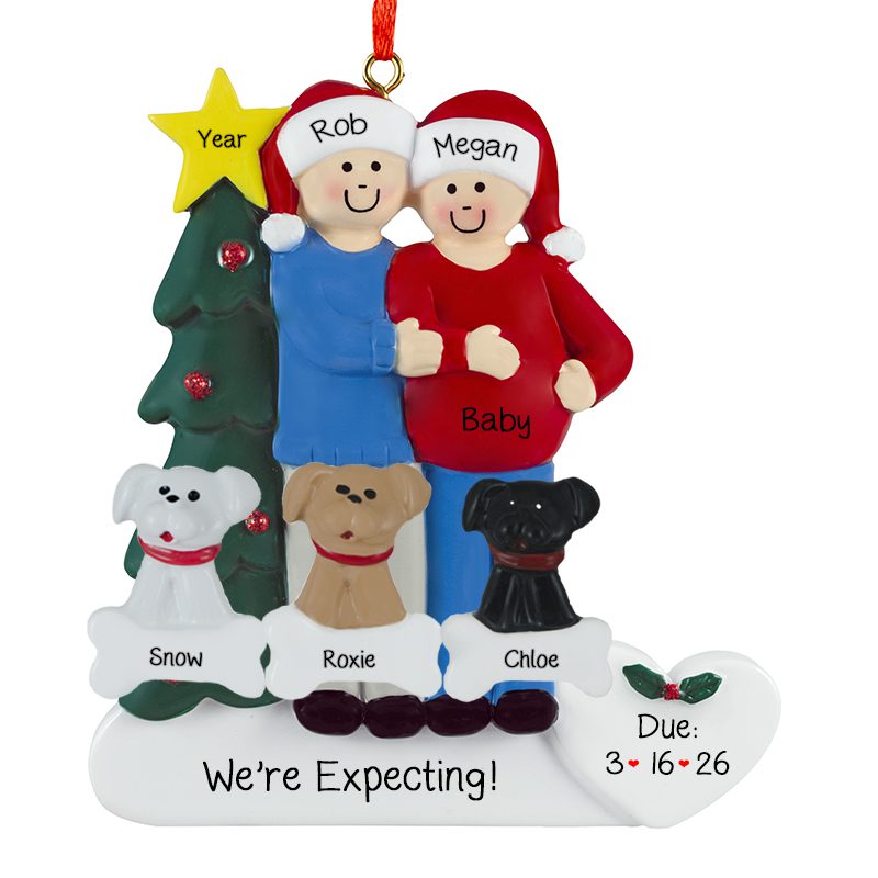 EXPECTING Couple With 3 Pets And Christmas Tree Personalized Ornament ...