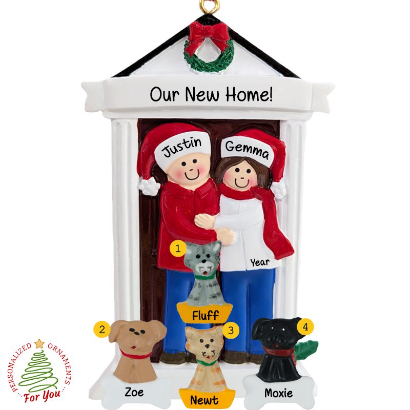 New Home Door Couple With 4 Pets Ornament - Personalized Ornaments For You