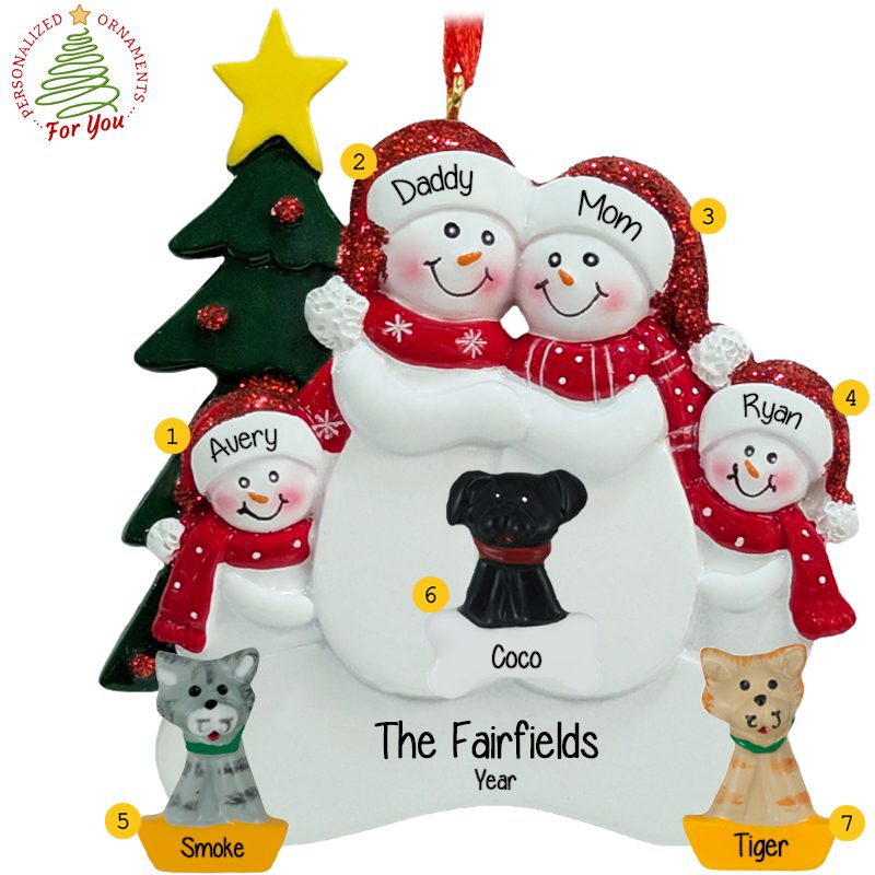 Personalized Family Of 4 Snowmen And 3 Pets Christmas Tree Ornament ...