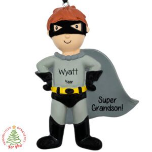 Super Grandson Cute Boy With Cape And Mask Personalized Ornament RED HAIR