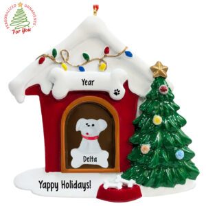 DOG In Decorated House Tree And Lights Personalized Ornament