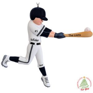 Personalized Baseball Player Ornament with Navy and White Uniform