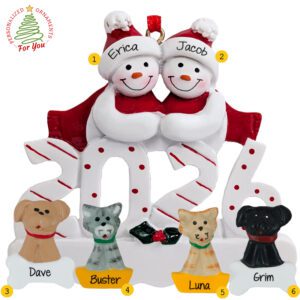 Personalized 2026 Happy Snowman Couple With 4 Pets Ornament