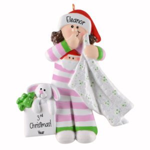 Personalized Cute Little GIRL In Santa Pajamas Glittered Ornament