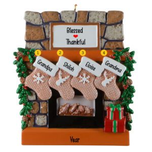 Grandparents With 2 Grandkids Rustic Fireplace Keepsake Ornament