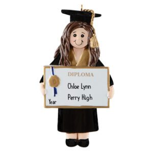 Personalized FEMALE Graduate Holding Diploma Ornament BRUNETTE