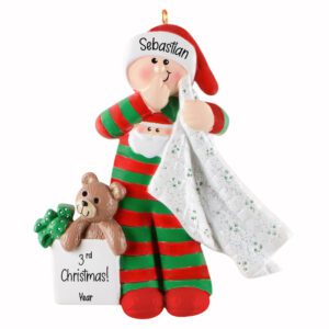 Personalized Cute Little BOY In Santa Pajamas Glittered Ornament