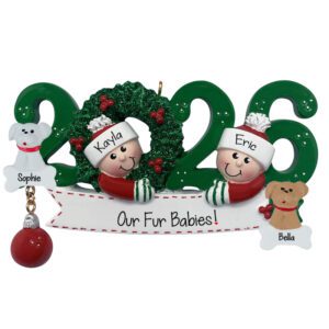 2026 Couple With Two Pets Personalized Ornament GREEN