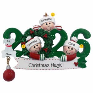 Personalized 2026 Family Of Three With Pet Keepsake Ornament GREEN