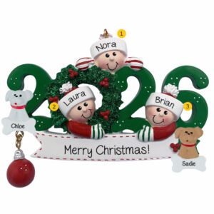 Personalized 2026 Family Of Three With 2 Pets Keepsake Ornament GREEN