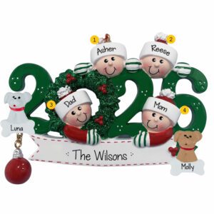 Family Of Four With 2 Pets 2026 Keepsake Ornament GREEN