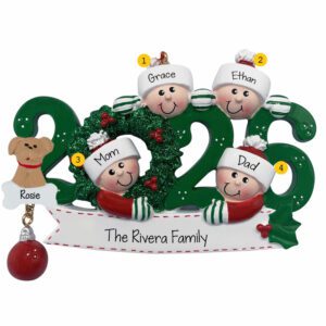Family Of Four With Pet 2026 Keepsake Ornament GREEN
