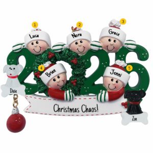2026 Family Of Five With 2 Pets Keepsake Ornament GREEN