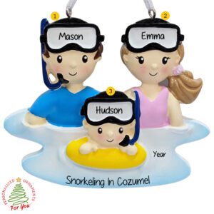 Personalized Family Of Three Snorkeling Together Vacation Keepsake Ornament
