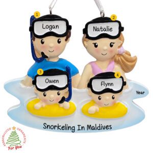 Personalized Family Of Four Snorkeling Together Vacation Keepsake Ornament