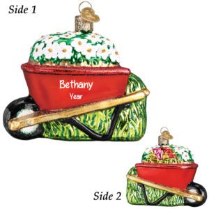 Personalized Wheelbarrow With Flowers Glittered Glass 3-D Ornament