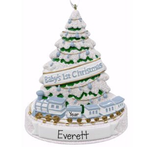 Baby BOY'S First Christmas Ornament – Personalized Tree and Train Keepsake BLUE