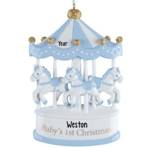 Baby BOY'S First Christmas Carousel Ornament – Personalized Baby Keepsake BLUE