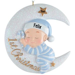 Personalized Baby BOY'S First Christmas Moon Ornament – Sleeping Baby Keepsake