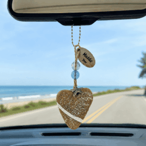 Personalized Beach Heart Car Charm – Coastal Rear View Mirror Hanging Keepsake