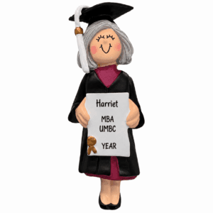 Personalized FEMALE Graduate Wearing Black Robe Ornament GRAY HAIR