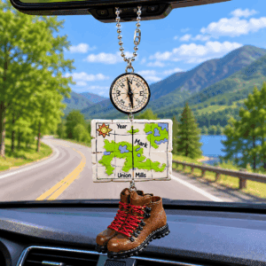 Personalized Hiking Boots Car Charm – Map & Compass Rear View Mirror Keepsake