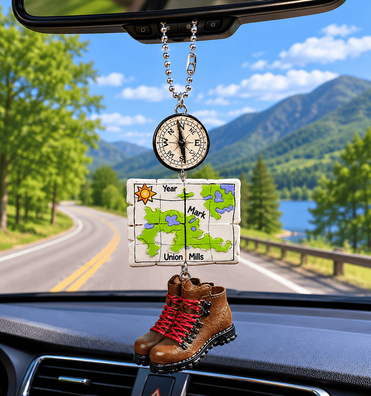 Personalized Hiking Boots Car Charm – Map & Compass Rear View Mirror ...