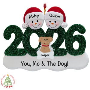 Personalized Snowman Couple With Dog Glittered Green 2026 Ornament