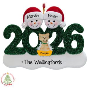 Personalized Snowman Couple With Cat Glittered Green 2026 Ornament