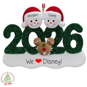 Personalized 2026 Snowman Couple Loves Theme Parks Glittered Ornament