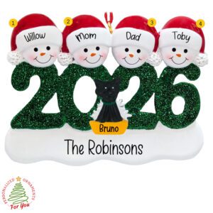 Personalized Family Of 4 With Pet Glittered 2026 Ornament