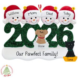 Personalized Family Of 4 With 2 Pets Glittered 2026 Ornament