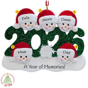 Personalized 2026 Family Of 5 Glittered Green Keepsake Ornament