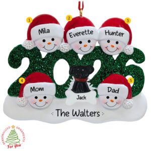 2026 Family Of 5 With Pet Glittered Green Keepsake Ornament
