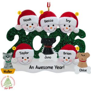 2026 Family Of 5 With 3 Pets Glittered Green Keepsake Ornament
