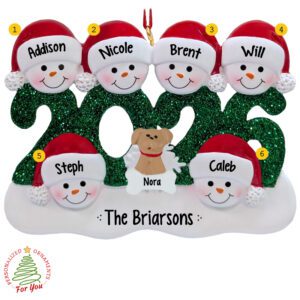 Personalized 2026 Family Of 6 With Pet Glittered Green Keepsake Ornament