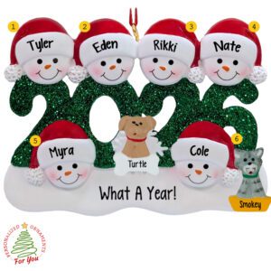 2026 Family Of 6 With 2 Pets Glittered Green Keepsake Ornament