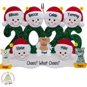 2026 Family Of 6 With 3 Pets Glittered Green Keepsake Ornament