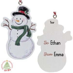 Personalized Male Snowman Gift Tag Ornament GREEN SCARF